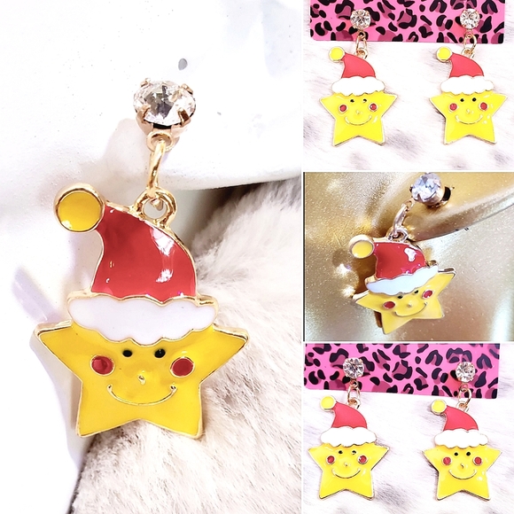 Gold plated crystal yellow red and white Christmas Santa Hat star earrings - Picture 3 of 12